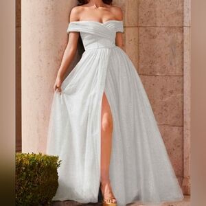 Off-Shoulder Ivory Evening Gown with Thigh Slit